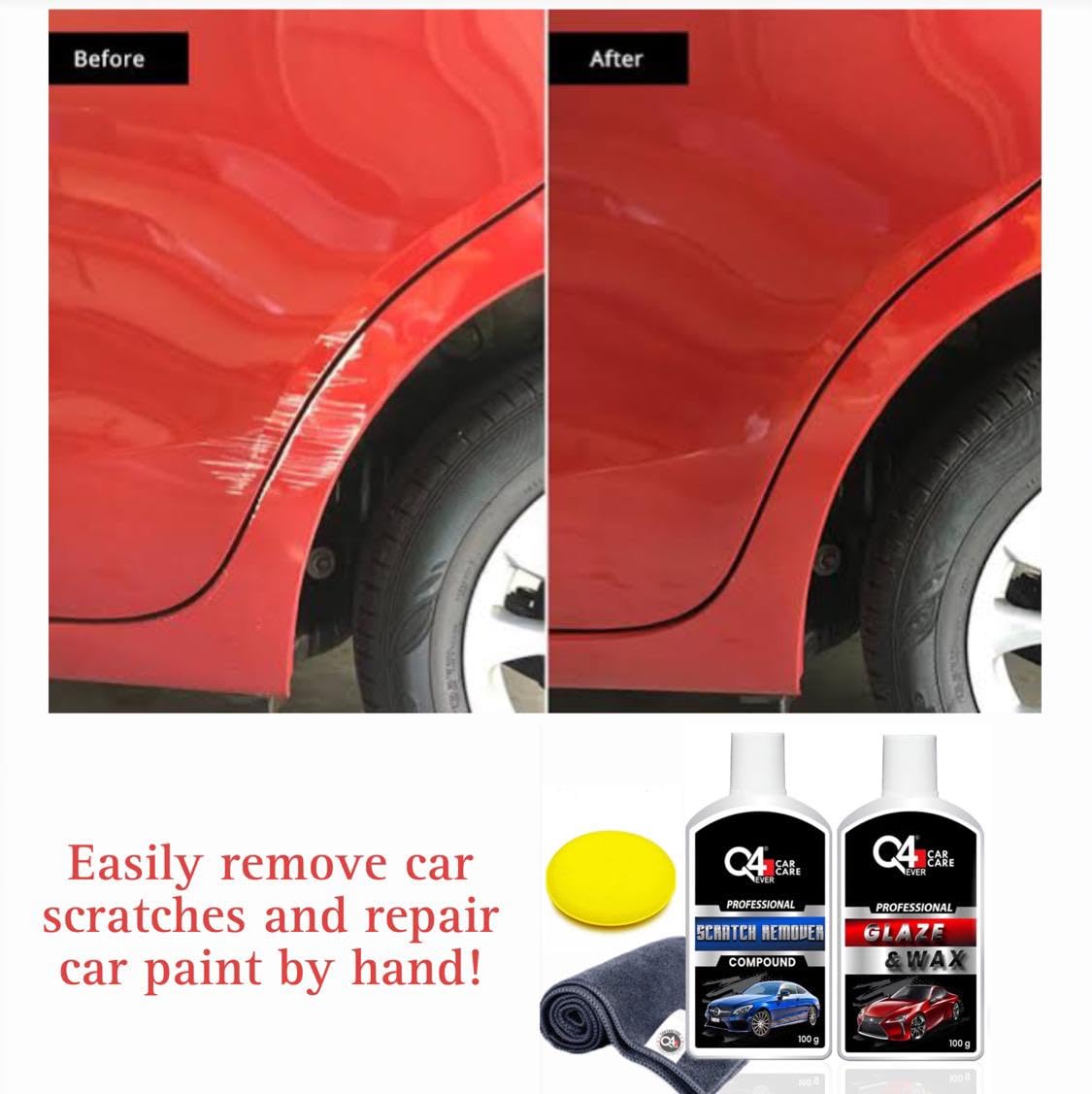 Q4 EVER Scratch Remover Kit | Q4 Ever Scratch Remover 100 Gm + Q4 Ever Glaze & Wax 100 Gm + Applicator + Microfiber Cloth (Pack Of-4), Black