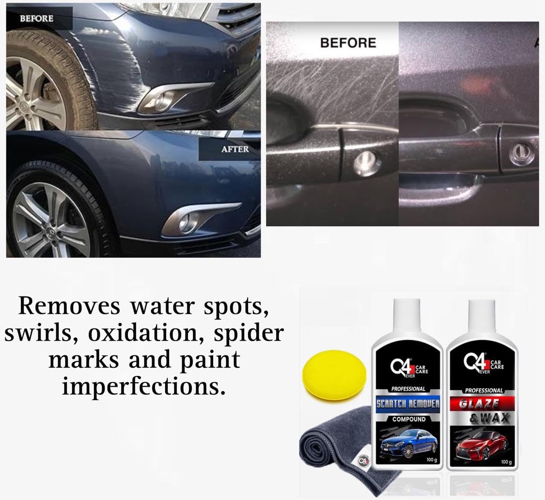 Q4 EVER Scratch Remover Kit | Q4 Ever Scratch Remover 100 Gm + Q4 Ever Glaze & Wax 100 Gm + Applicator + Microfiber Cloth (Pack Of-4), Black