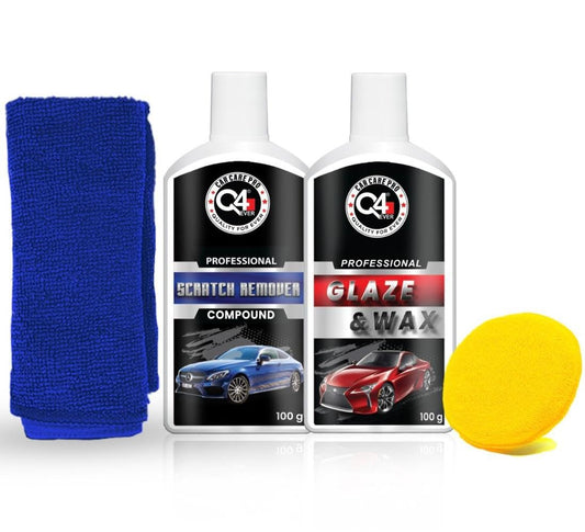 Q4 EVER Scratch Remover Kit | Q4 Ever Scratch Remover 100 Gm + Q4 Ever Glaze & Wax 100 Gm + Applicator + Microfiber Cloth (Pack Of-4), Black