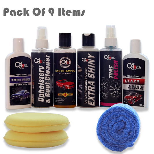 Q4 Ever Premium Car Care Kit (Pack of 9 Items) Car Shampoo | Scratch Remover | Glaze & Wax | Tyre Polish | Dashboard Polish | Upholstery Cleaner | Foam Applicators | Microfiber Cloth