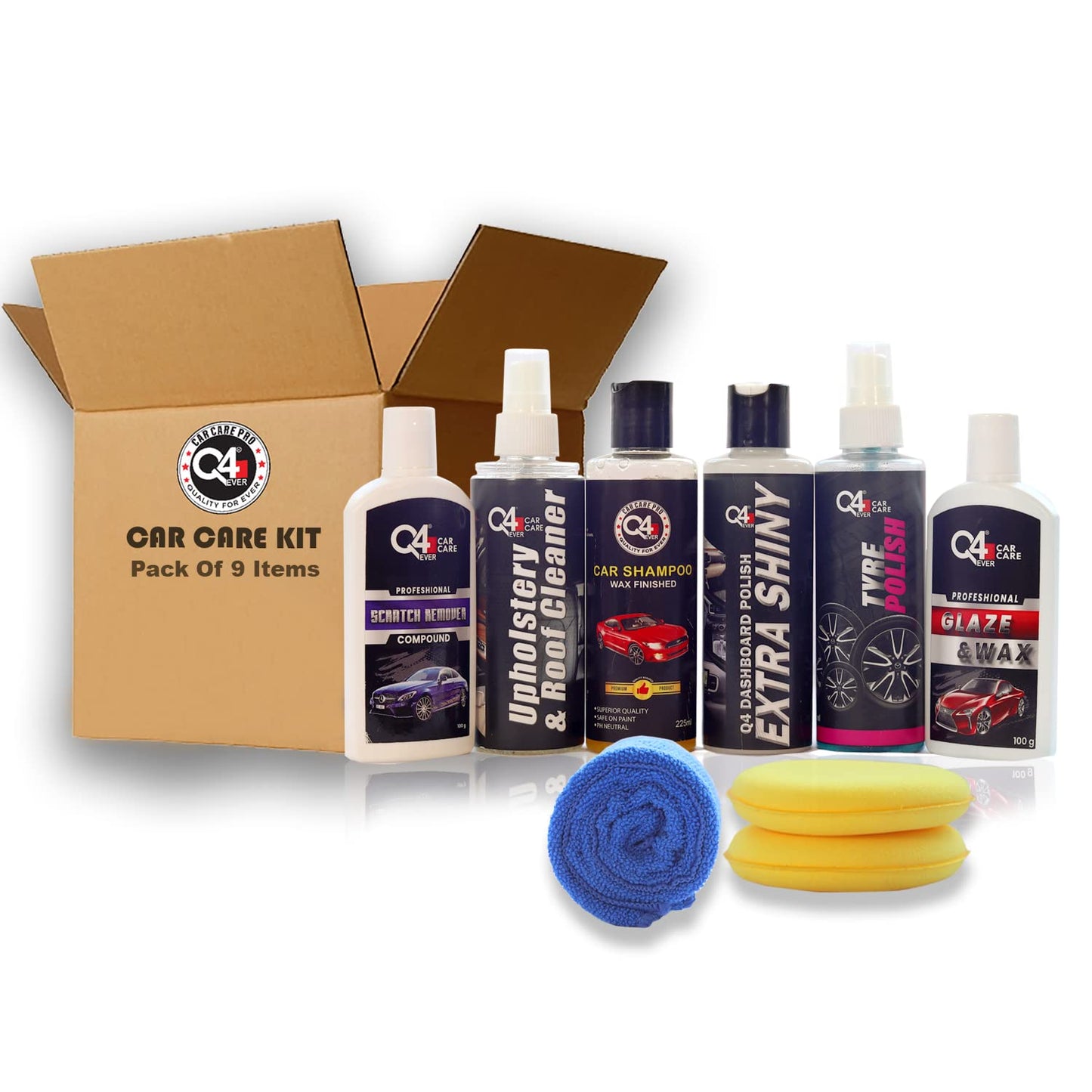 Q4 Ever Premium Car Care Kit (Pack of 9 Items) Car Shampoo | Scratch Remover | Glaze & Wax | Tyre Polish | Dashboard Polish | Upholstery Cleaner | Foam Applicators | Microfiber Cloth