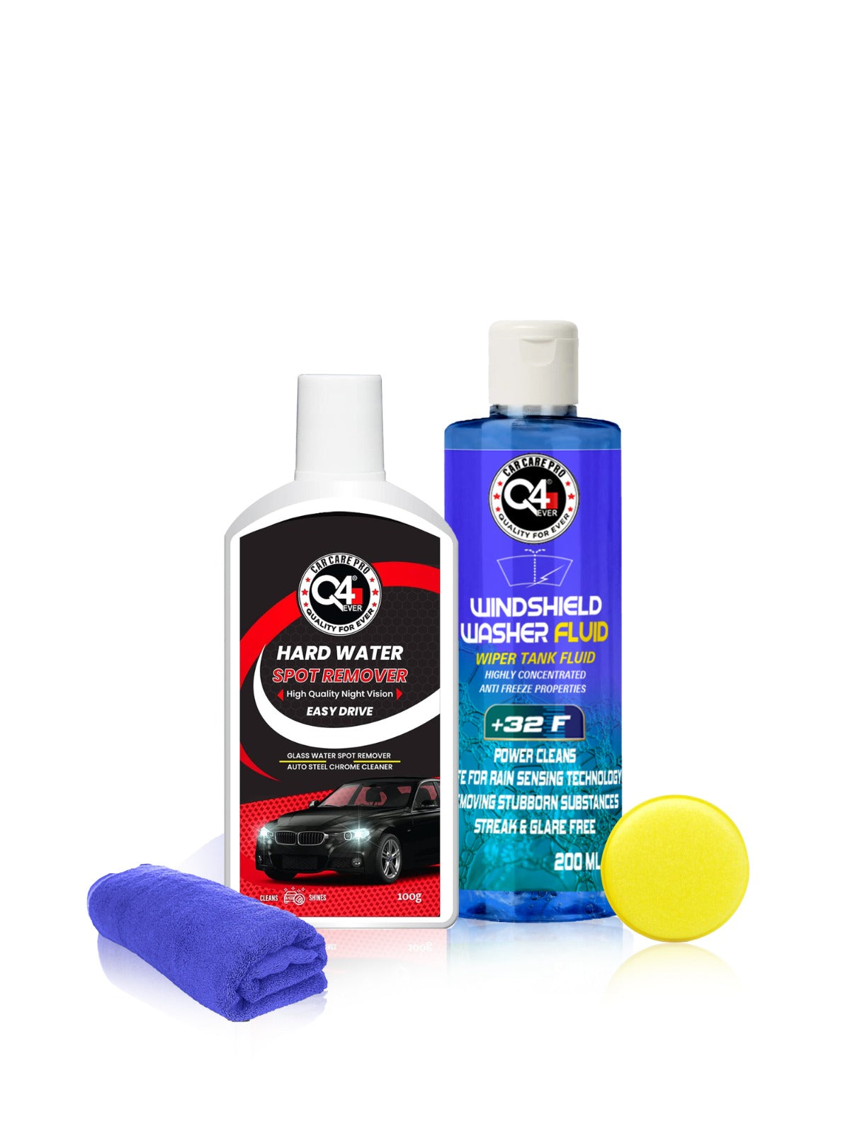 Q4 EVER Auto Care Glass Polish Hard Water Spot Remover 100Gms + Foam Applicator + Microfiber Cloth + Windshield Washer Fluid 200ml (4 Items Pack Cream)